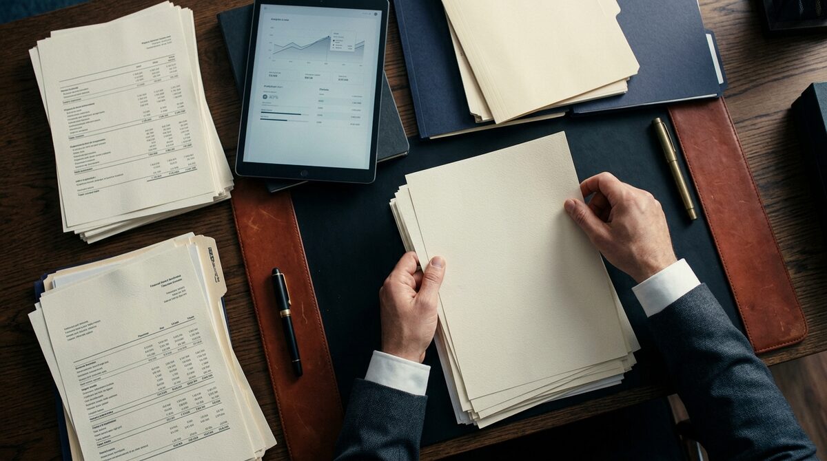 Documentos financieros y extractos bancarios ordenados sobre una mesa