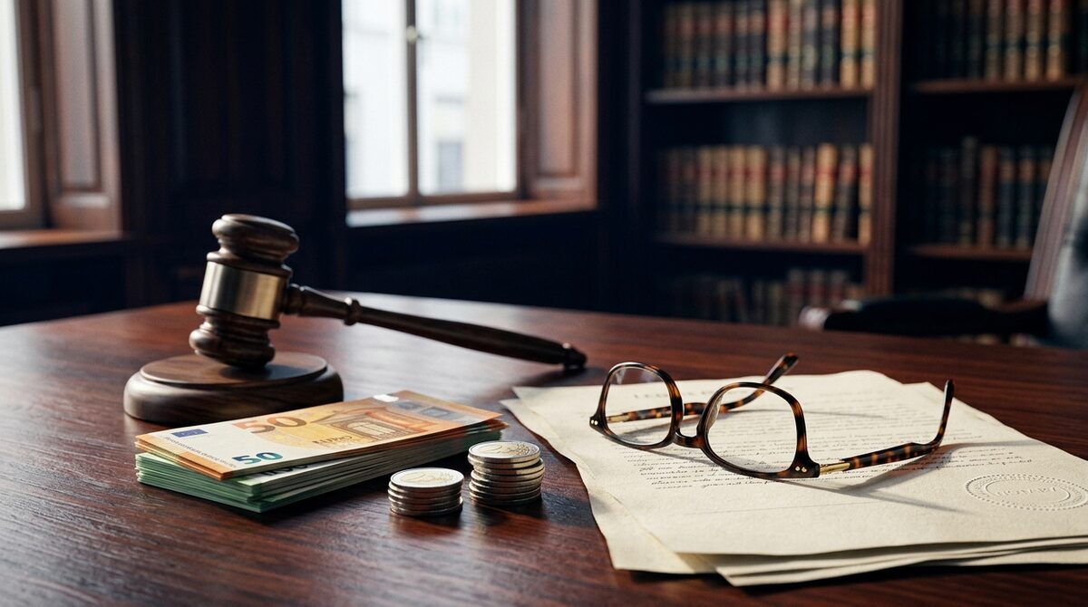 Mazo judicial y documentos sobre la mesa de un despacho