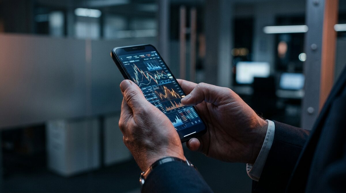 Persona consultando una app de inversión en el teléfono móvil