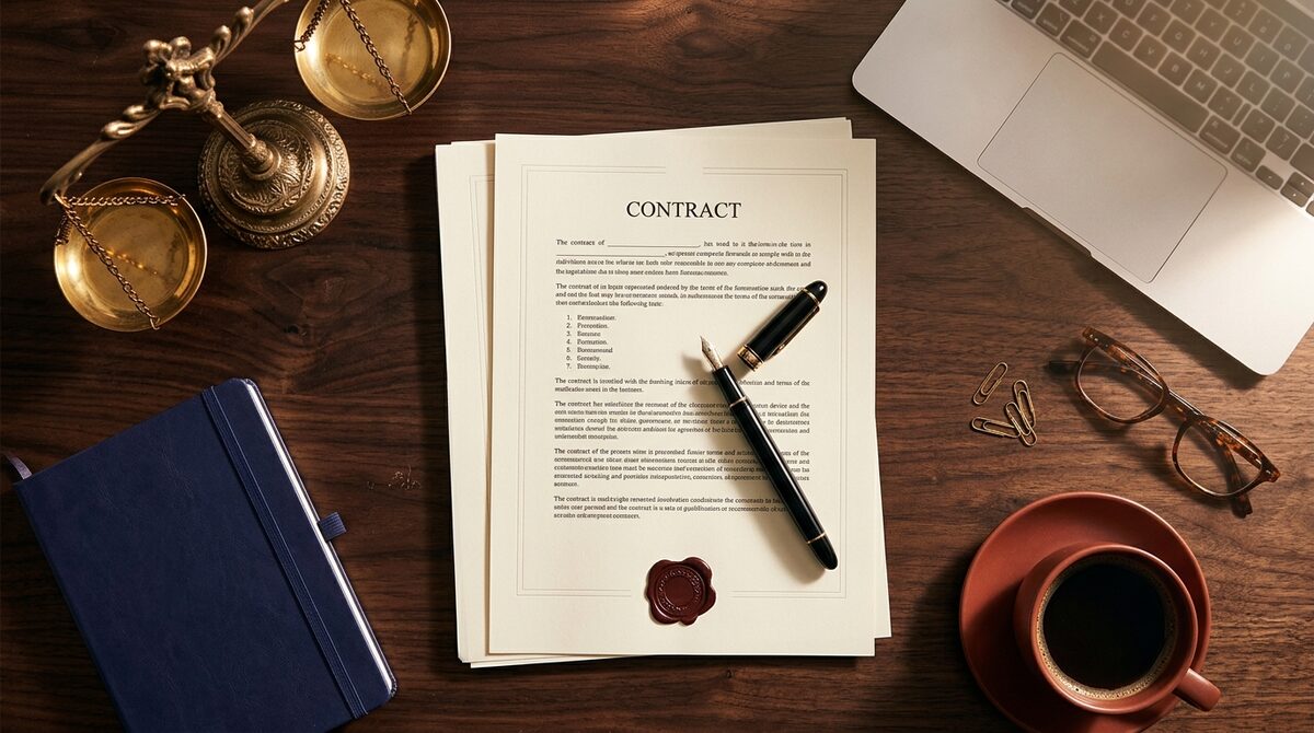 Contrato legal, pluma estilográfica y balanza de la justicia sobre un escritorio