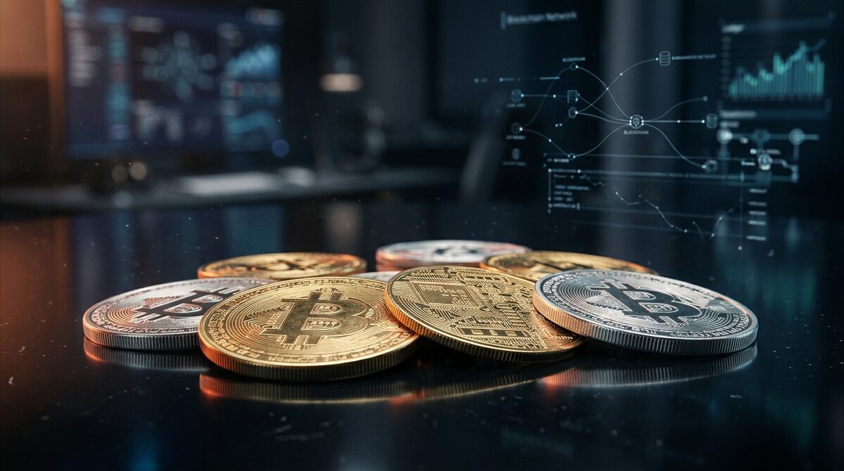 Monedas de criptomoneda sobre una mesa con una red blockchain de fondo