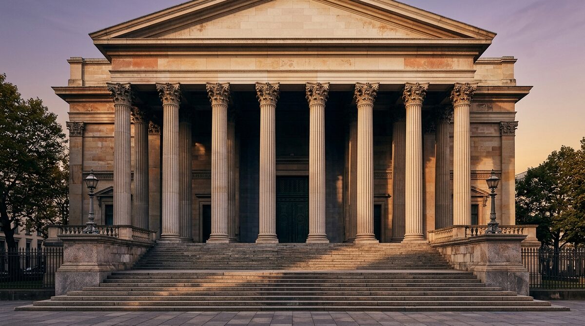 Fachada de un edificio de justicia con columnas de piedra