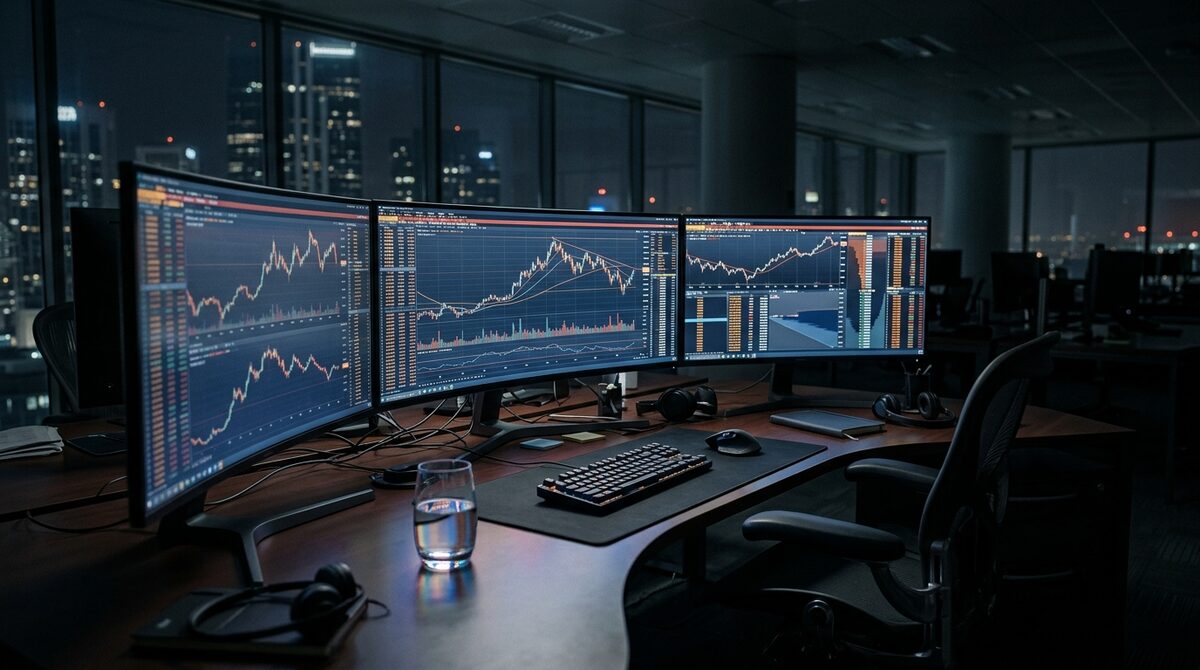 Puesto de trading con varias pantallas mostrando gráficos de Forex